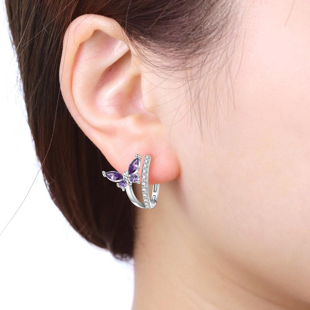 S925 Silver Purple Zircon Butterfly Earrings Hoop Earrings Women Jewelry Trendy Anniversary Gifts