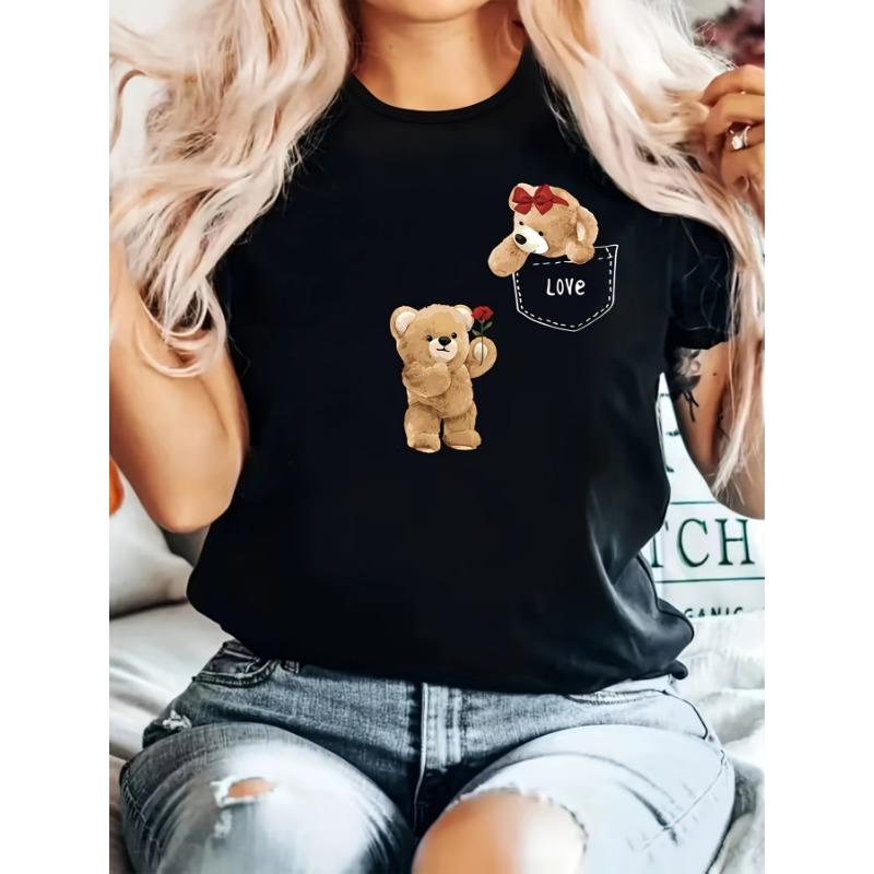Ladies Black Cute Teddy Bear LOVE Pattern T-shirt S