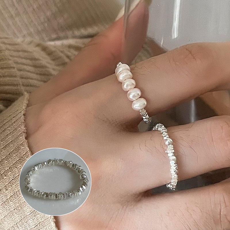 Bague ouverte vintage en argent S925 plaqué perle pour femmes