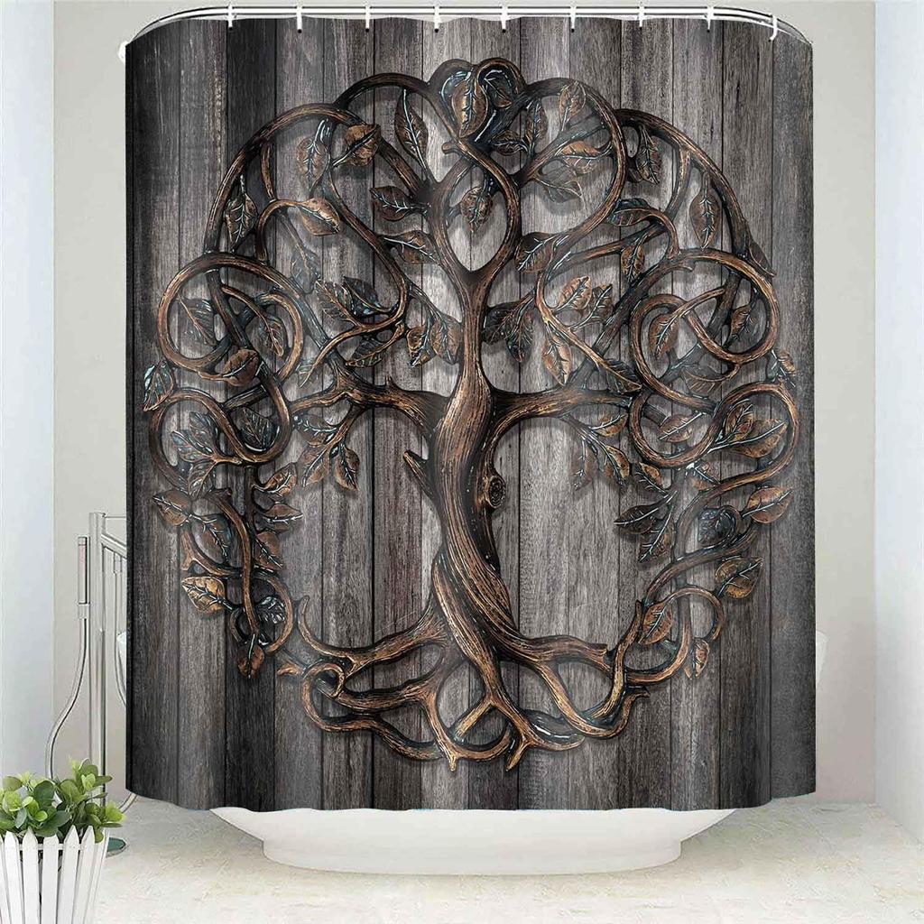 Tree of Life Nordic Viking Country Tree Shower Curtain Vintage with 12 Hooks Washable Bathroom Decorative Shower Curtain