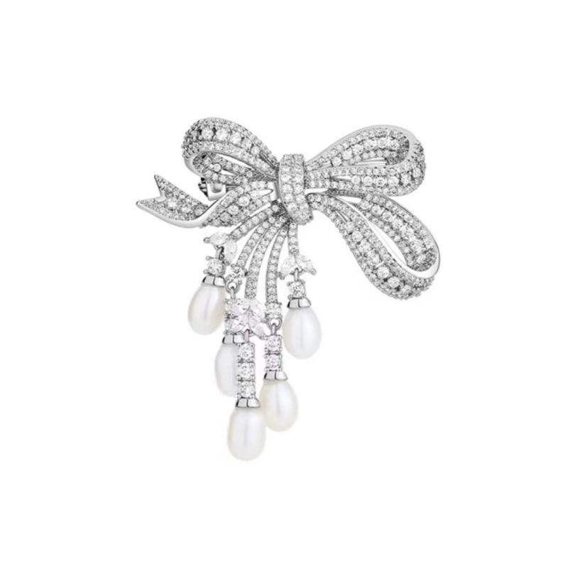 

Luxury Zircon Pearl Bowknot Tassel Brooch Pins For Women Creative Handmade Suit Corsage Pins Clothing Accessories Gifts срібний