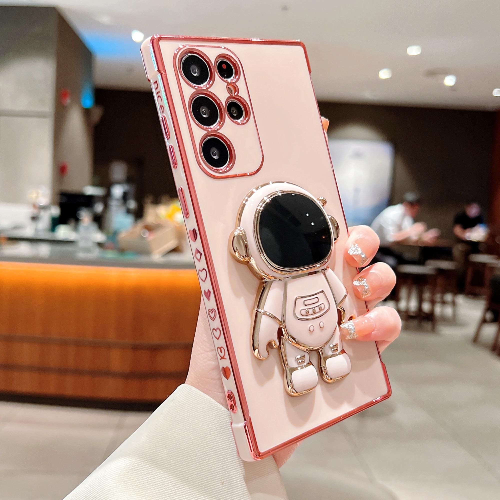 

Чехол для Samsung Galaxy S25 Ultra Love Hearts из гальванизированного ТПУ с подставкой в виде астронавта Pink