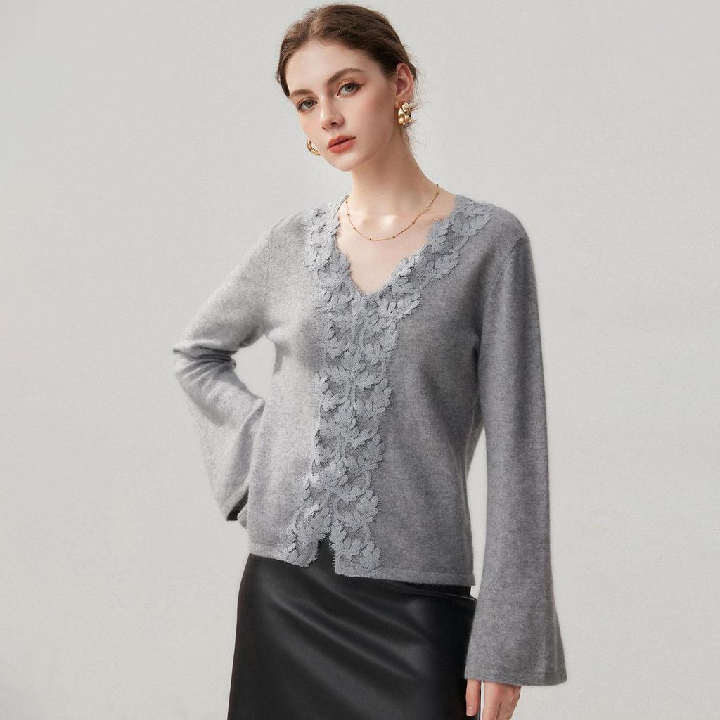 Women's V-Neck Bell Sleeve Cashmere Cardigan - Handmade Crochet Lace, Single-Breasted, Warm Autumn/Winter Layer