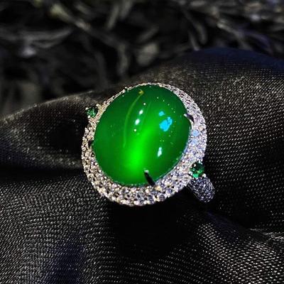 Inspired Design Silver Inlaid Crystal Natural Green Chalcedony Oval Adjustable Ring Exquisite Anniversary Gift Ladies