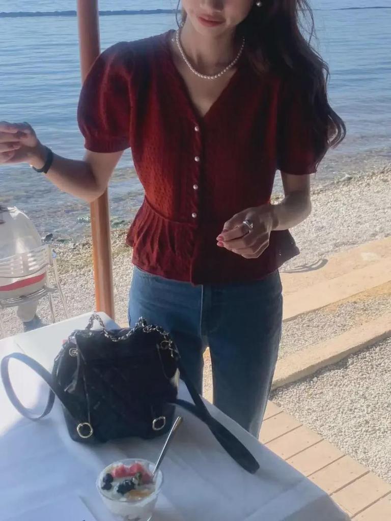 Korean Style Slimming Pearl Button Cutout Bubble Sleeve Knit Top