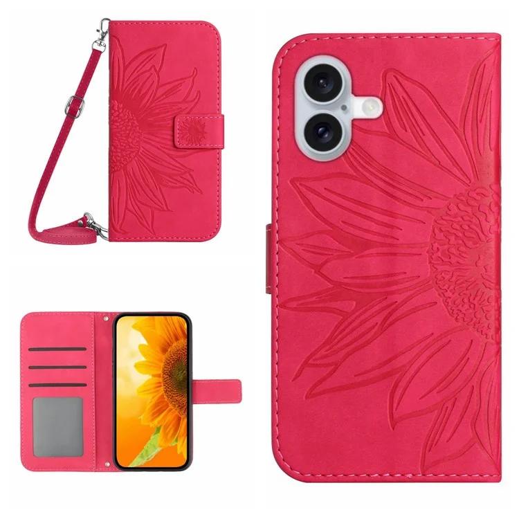HT04 For iPhone 16 Plus Case with Shoulder Strap Leather Phone Cover Sunflower Pattern