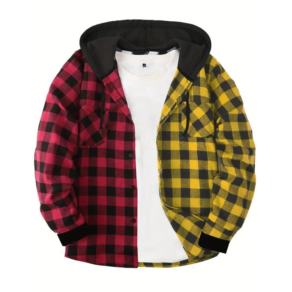 Men's Color Blocking Striped Plaid Casual Loose Button Lapel Long Sleeve Hooded Cardigan Shirt Jacket