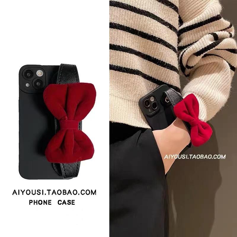 Burgundy Plush Bow Wristband Apple 11Pro Mobile Phone Case 11 Luxury 11 Crossbody iPhone11Pro All Inclusive