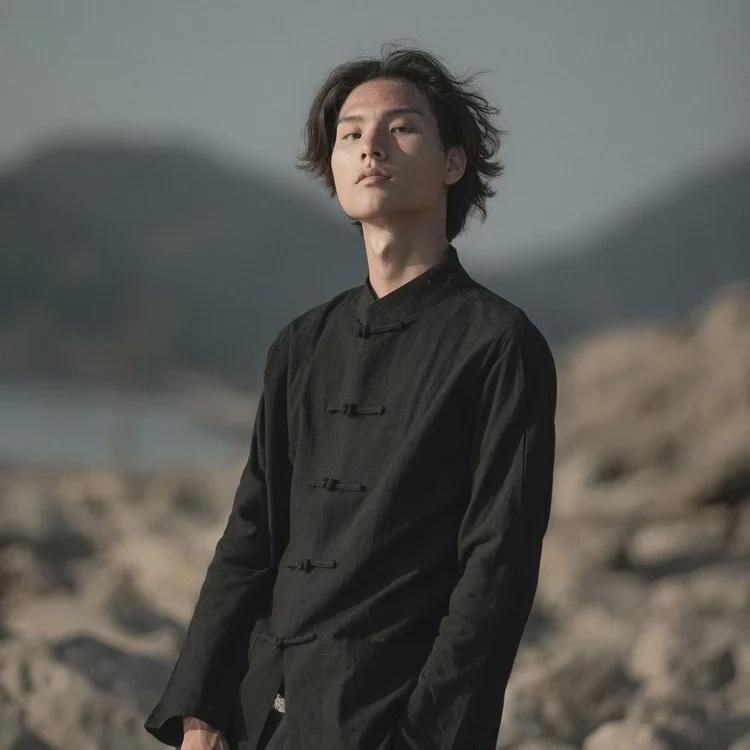 Chaqueta Tang de Algodón-Lino de Manga Larga para Hombre - Estilo Retro Chino Primavera Blazer Zhongshan