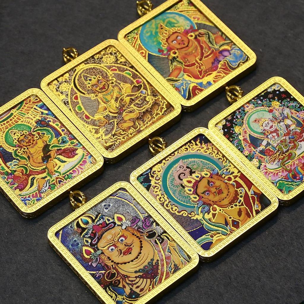 Yellow Jambhala Mahakala Thangka Pendant - Hand-painted Tibetan Gau with Eight Guardian Wealth Deities.