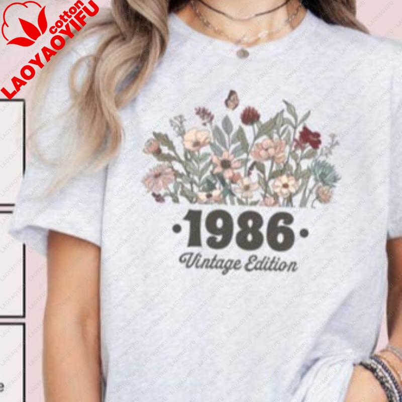 40th Birthday Shirt Flower 1986 Birth Year Number For Wounisex Graphic Tshirt Turning 40 Plus Gift Crewneck Shortsleev Tops