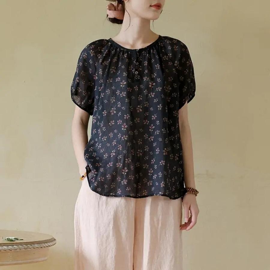 

Хлопково-льняная блузка, летняя повседневная рубашка в стиле ретро с цветочным принтом, топ, женские блузки с коротким рукавом и круглым вырезом XXL темно-синий