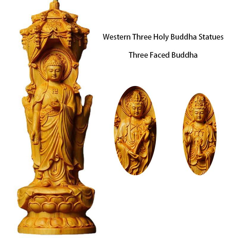 12/20cm Wood Carving Three Sided Buddha Figurine of Three Saints Guanyin Amitabha Statue Sculpture Home Decor Wood Art Ornament high 12cm mini
