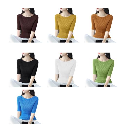 Dámské topy Slim Fit Jednobarevné Žebrované Tričko Kulatý Výstřih Poloviční Rukáv Elastický Pulovr Topy Pro Každodenní Nošení