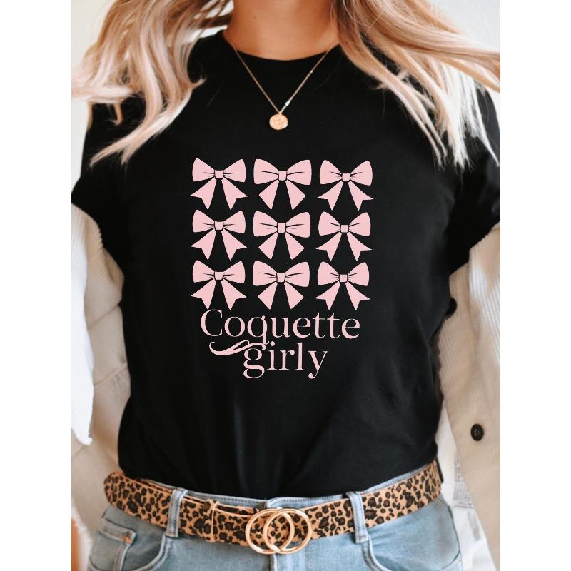 

European sizes Women s Coquette Girly Bows T-Shirt - Short Sleeve Crew Neck Blouse with Bow Print, Medium Stretch Casual 4XL