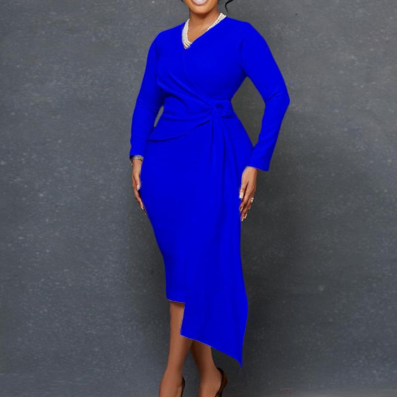 Women's Autumn Fashion Large Size V-Neck Long Sleeve Temperament Pencil Dress Dress