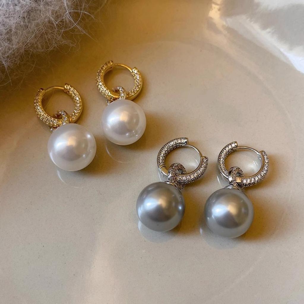 Elegant Paved Zircon Hoop Earrings with Pearl Dangle