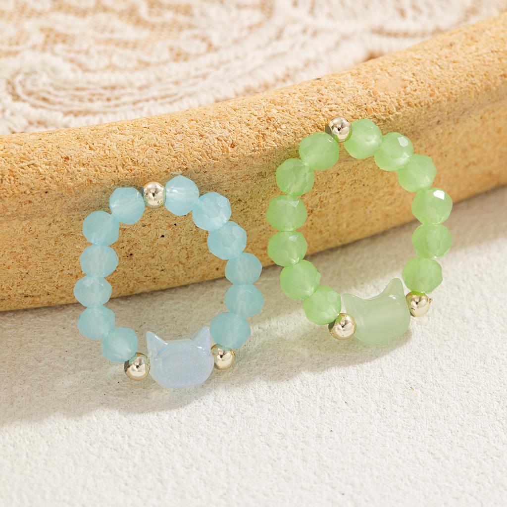 2-piece Two-Tone Cat Beaded Ring Set, Niche Sweet & Cool Style Stretch Rings, Adjustable Couple Rings for Best Friends