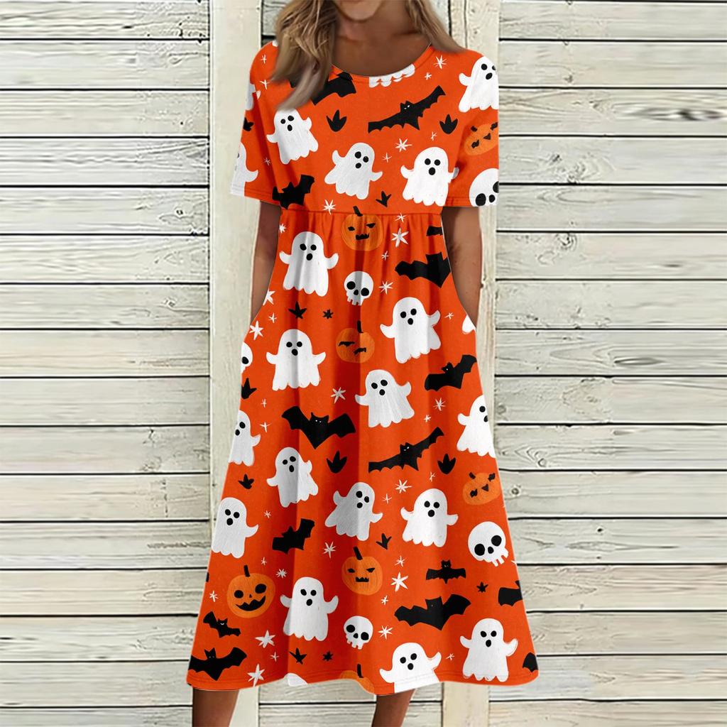Women Casual Halloween Print Dress Short Sleeve Round Neck Pocket Midi Dress Loose Fit Comfortable Everyday Wear