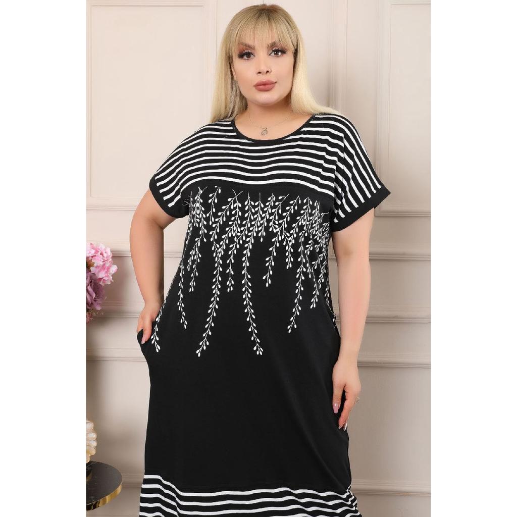 Olive Branched Striped Round Collar Block Short Sleeve Comfortable Dress