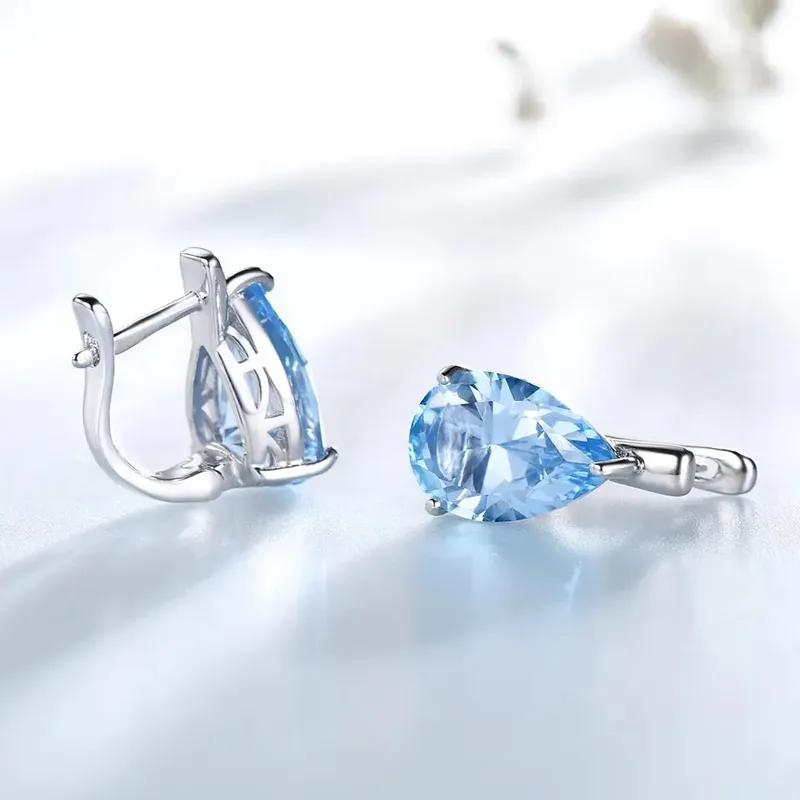 925 Sterling Silver Luxury Nano Gemstone Blue Topaz Clip Earrings For Women  Clip On Earrings Water Drop Fine Jewelry Party Gift