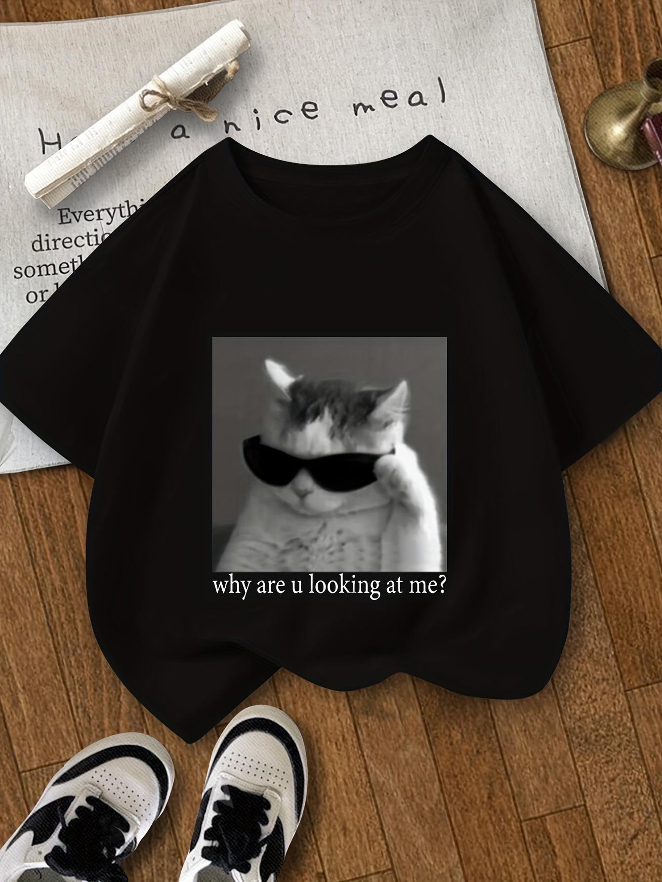 

Шикарная модная футболка с графикой кошки для девочек - Удобная полиэстеровая смесь, круглый вырез, короткий рукав, летний топ, женская футболка 4XL