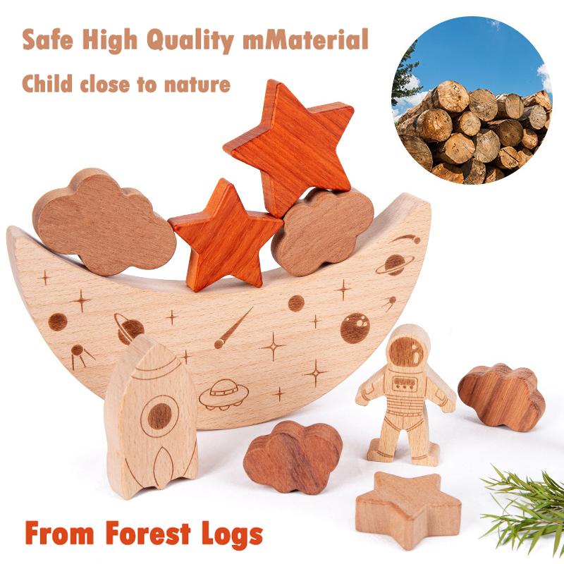Montessori Toys Wooden Balance Boat Blocks Stacking Tower Games Space Moon Balance Blocks Fine Motor Skill Early Education Toys