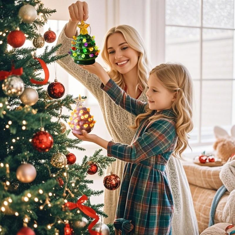 Resin Mini Christmas Tree Ornament with LED Light for Holiday Decors, Tabletop and Shelf Accent for Seasonal Home Styling
