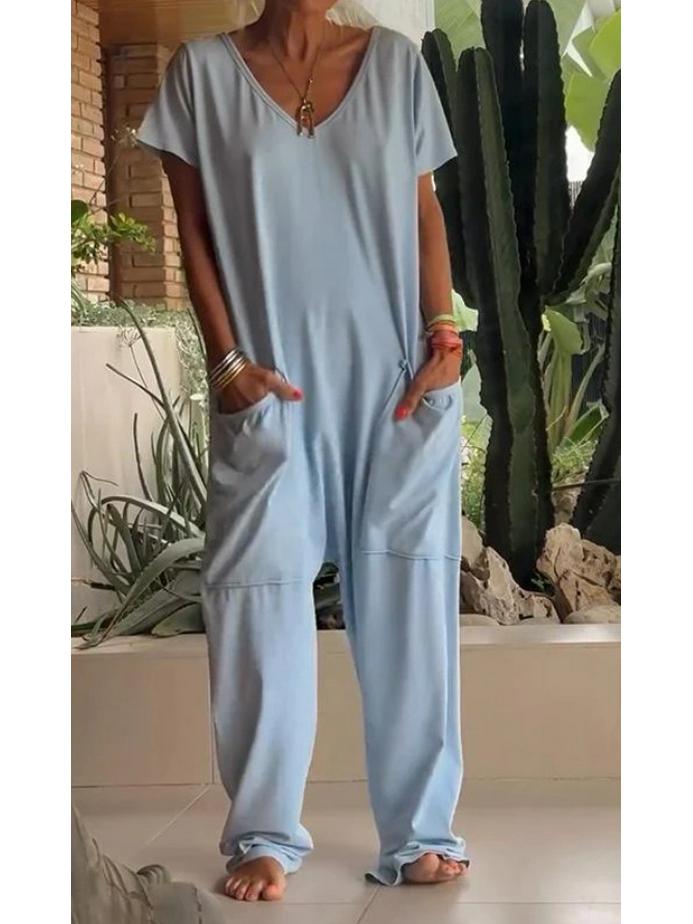 

2026 Stylish Women s Solid V-neck Jumpsuit with Large Pockets and Low Crotch M