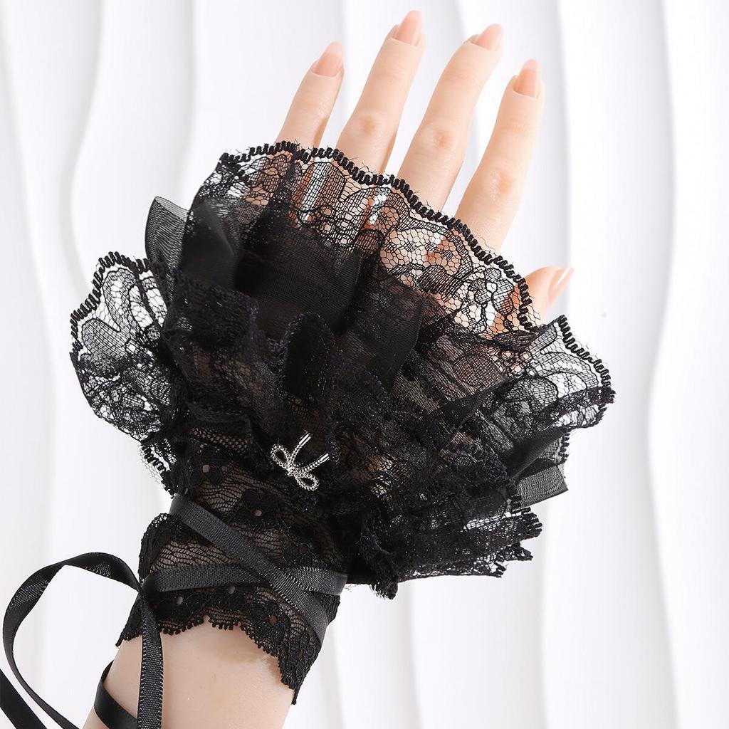 Lolita Arm Sleeves Gothic Lolita Lace Wrist Cuffs Ruffled Sheer Lace Wristbands With Ribbon Tie Anime Bell-sleeve Bow Arm Warmer
