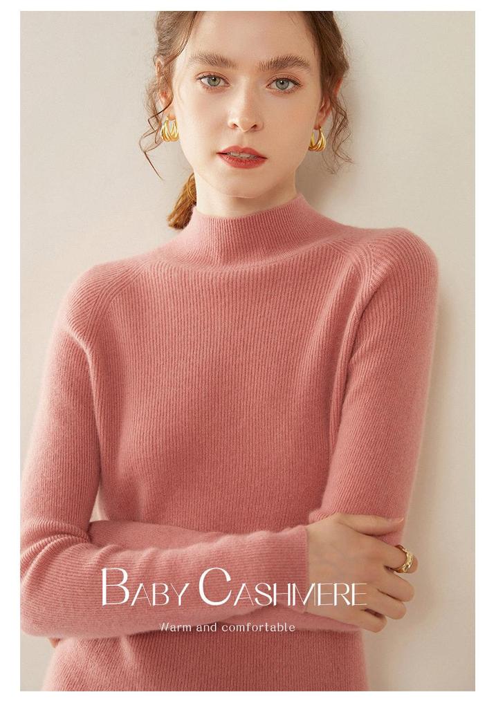 Women's Striped Half-High Neck Cashmere Slim Fit Sweater - Versatile Knitwear Base Layer