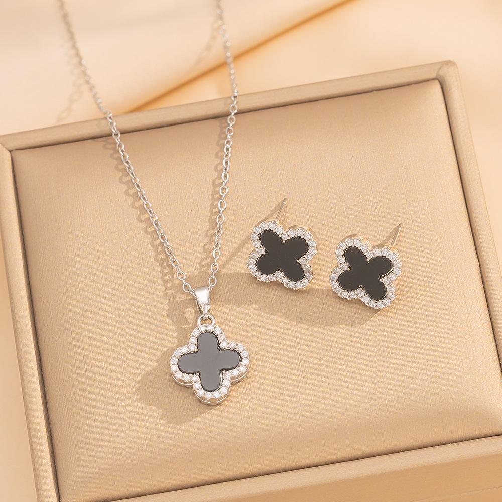 Sparkling Double-Sided Four-Leaf Clover Necklace and Earring Set Stylish Simple Versatile High-End Luxury Titanium Steel Jewelry