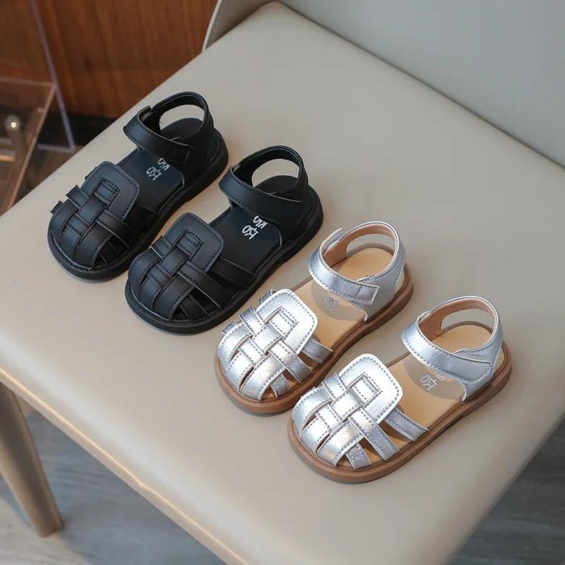 Children's Sandals Summer Braided Style Girls Causal Flat Sandals Fashion Kids Woven Soft Beach Sandals Solid Color Anti-kick