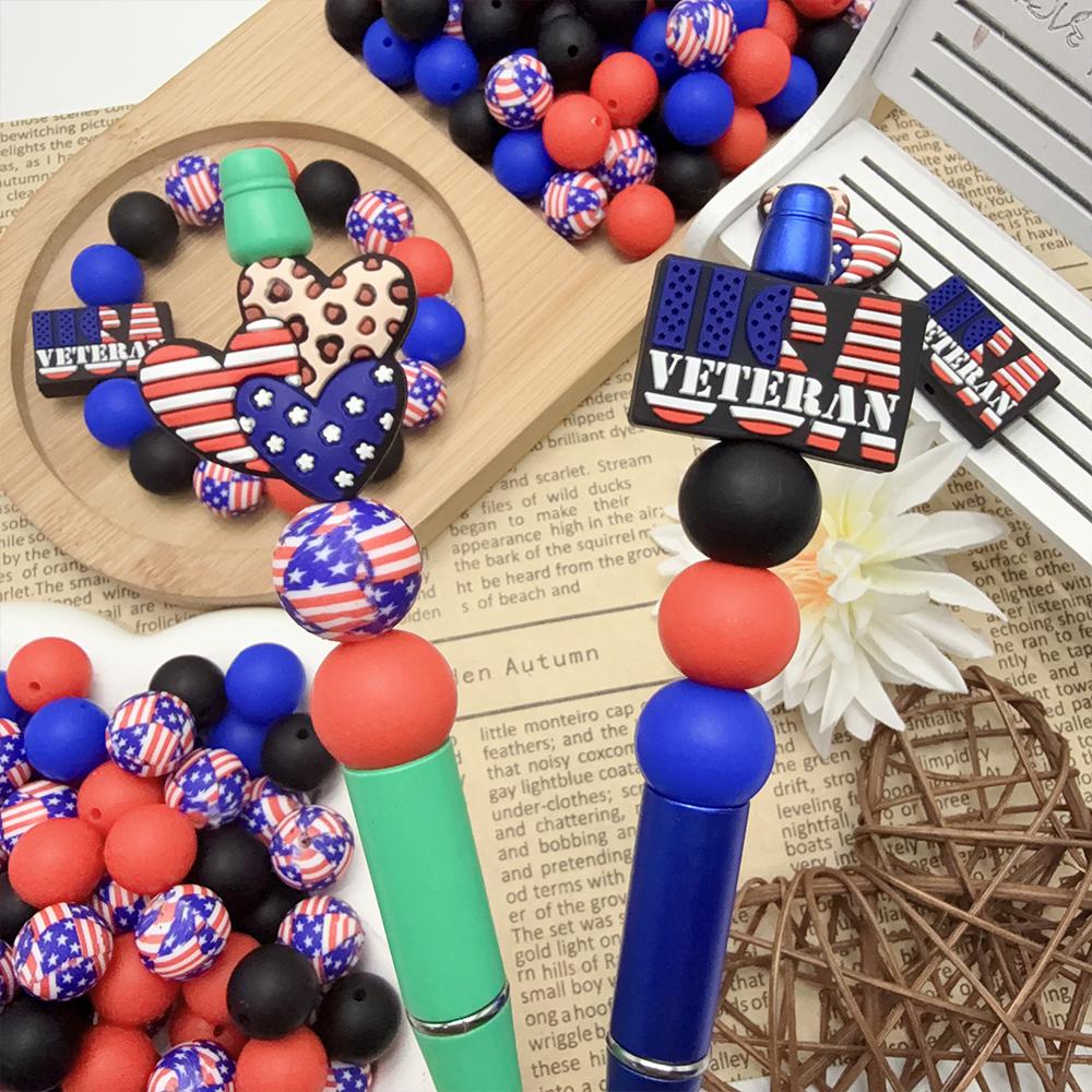 39Pcs Independence Day Series Silicone Beads Set DIY Beaded Necklace Bracelet Decoration Pen Jewelry Pendant Etc. Holiday Birthday Gift