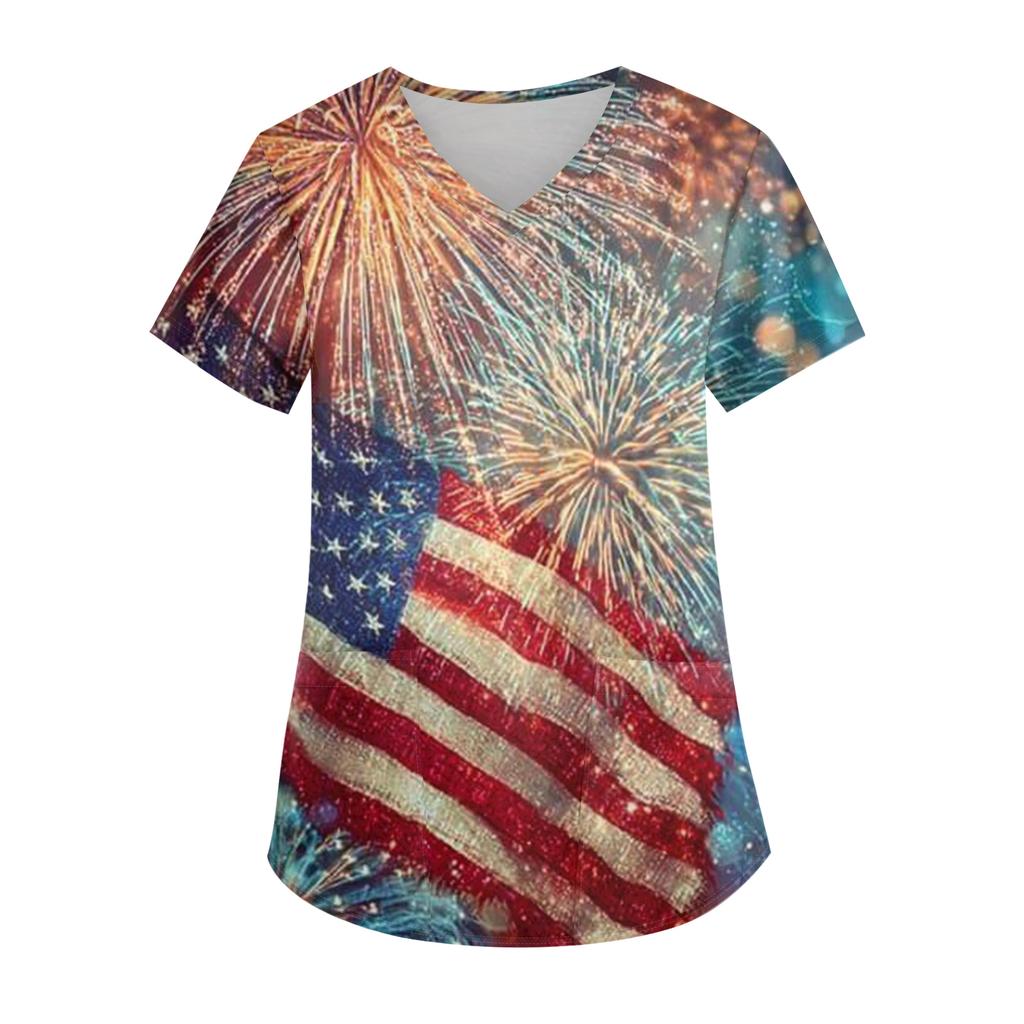 Modisches V-Ausschnitt-Taschen-Kurzarm-Uniform- und Pflegekraft-Oberteil für Damen mit Aufdruck zum Unabhängigkeitstag