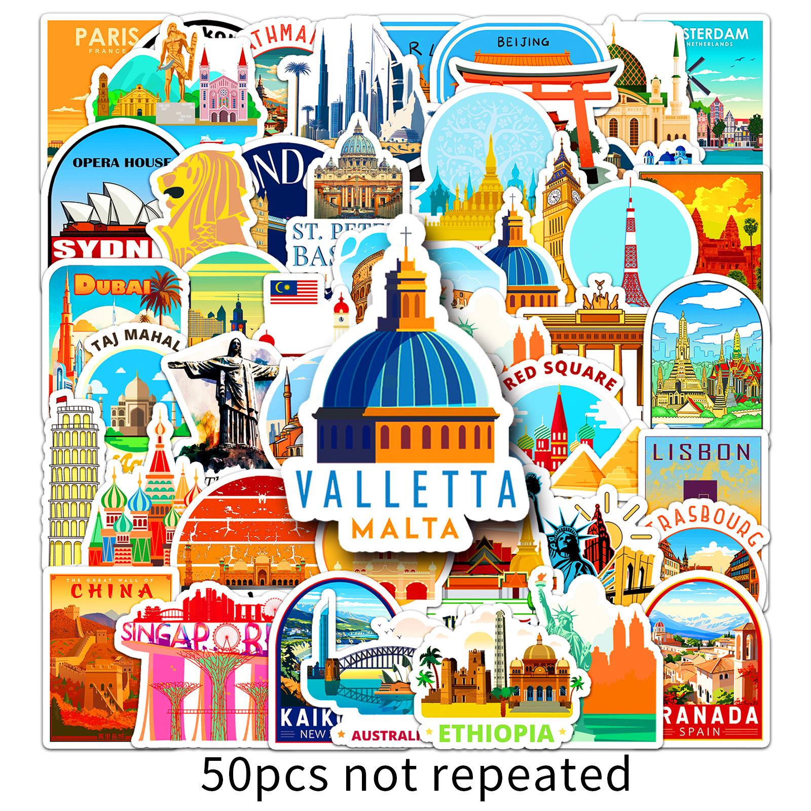 50 City Landmark Scenic Spot Stickers: Waterproof Cartoon Decorations for Outdoor Travel Journals & Laptops