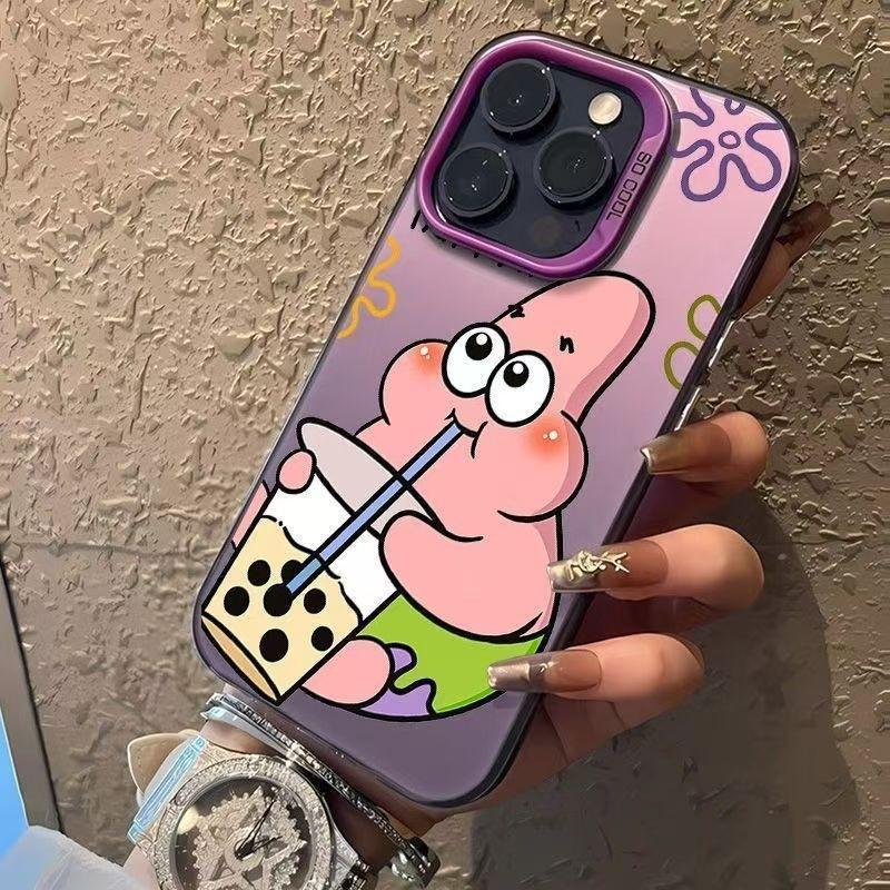 Milk Tea SpongeBob SquarePants Suitable for Apple 16PROMAX/iPhone15/iPhone14 Couple Colored Silver Mobile Phone Case