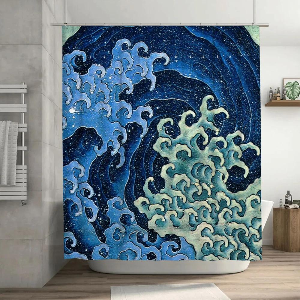 Large Wave Shower Curtain Waterproof Bathroom Decor Home Textile Custom-made Polyester Fabric Creative Pattern Blue Color AliExp