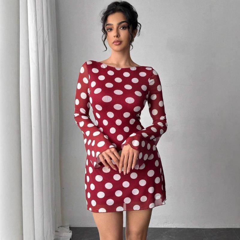 Women's Spring/summer Sexy Polka Dot Backless Mesh Mini Dress with Flared Sleeves