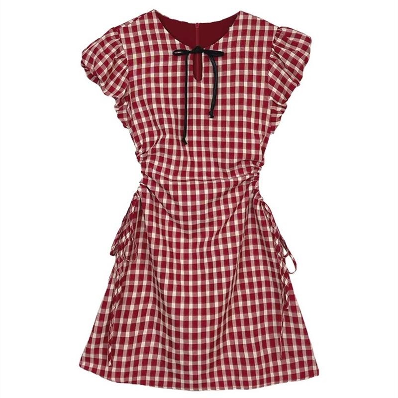 

Sweet Spice Girl Hollow-out Design Plaid Dress Summer New Waist Skinny A-Word Short Skirt Female Chic S красный