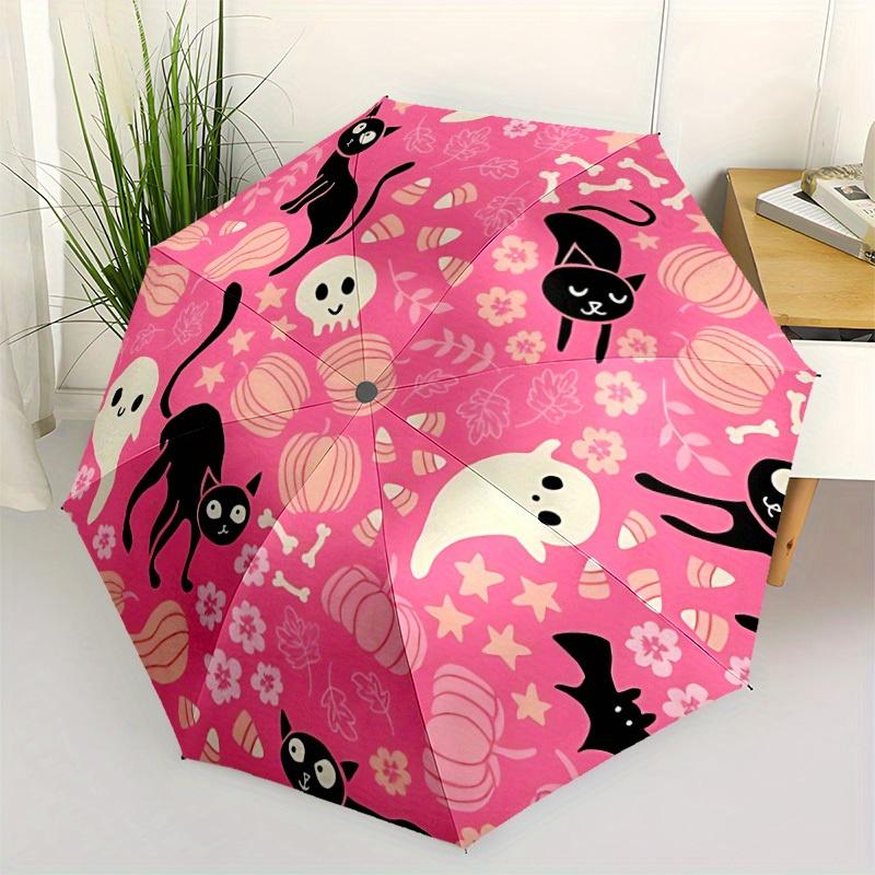 1pc Halloween Cats Automatic Open/close Folding Compact Cute Umbrella, 8-Rib Sturdy Canopy, Lightweight Portable, Everyday Use, Gift, Outdoor Umbrella