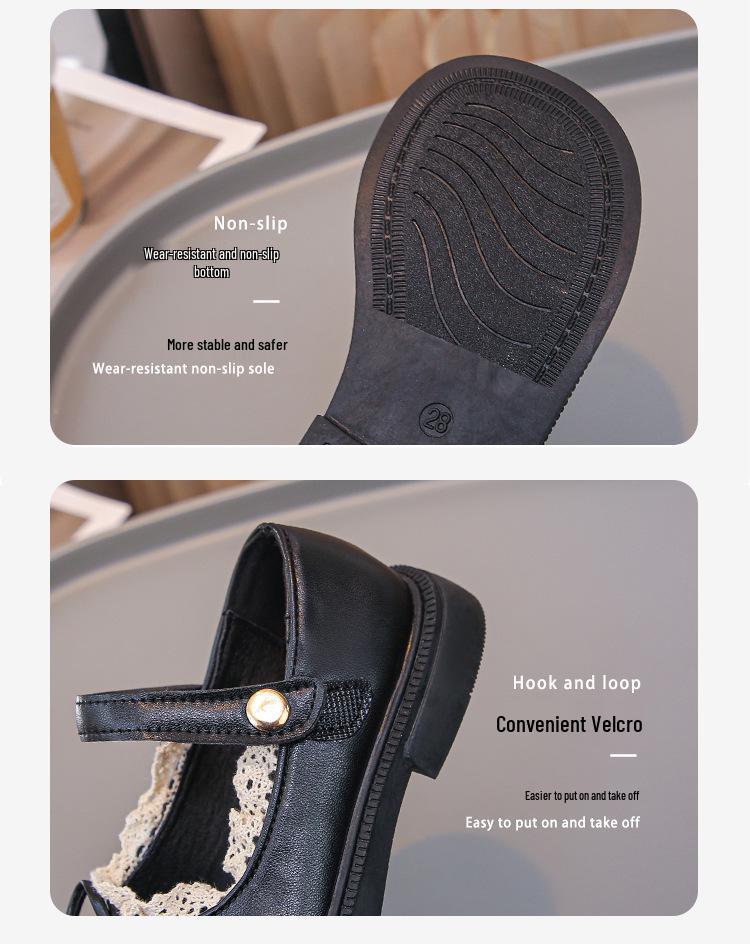 Girls' Classic Black Leather Princess Shoes - Soft Sole Lace Casual Flats for Spring & Autumn