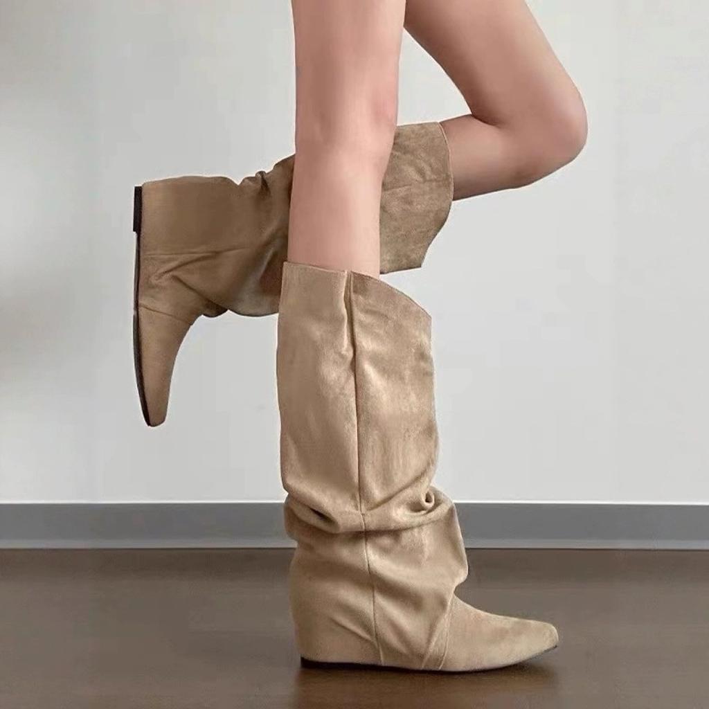 Super Soft Sheepskin~ Brown Western Cowboy Boots Versatile Wasteland Wind Piling Boots Women's Inner Height Increase and Thinness Retro Boots