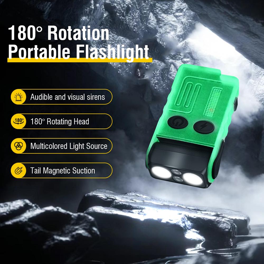 V20 Keychain EDC LED Flashlight Head Swivels Type-C Rechargeable Magnet Torch Buzzer Work Light with Clip Magnet Lantern