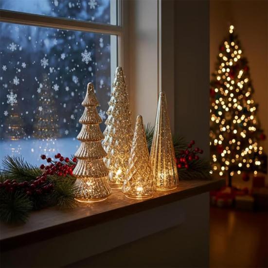 5 Pcs Illuminated Glass Christmas Tree Light Up Glass Tree Figurines with LED Lights for Xmas Home Tabletop Party Decor