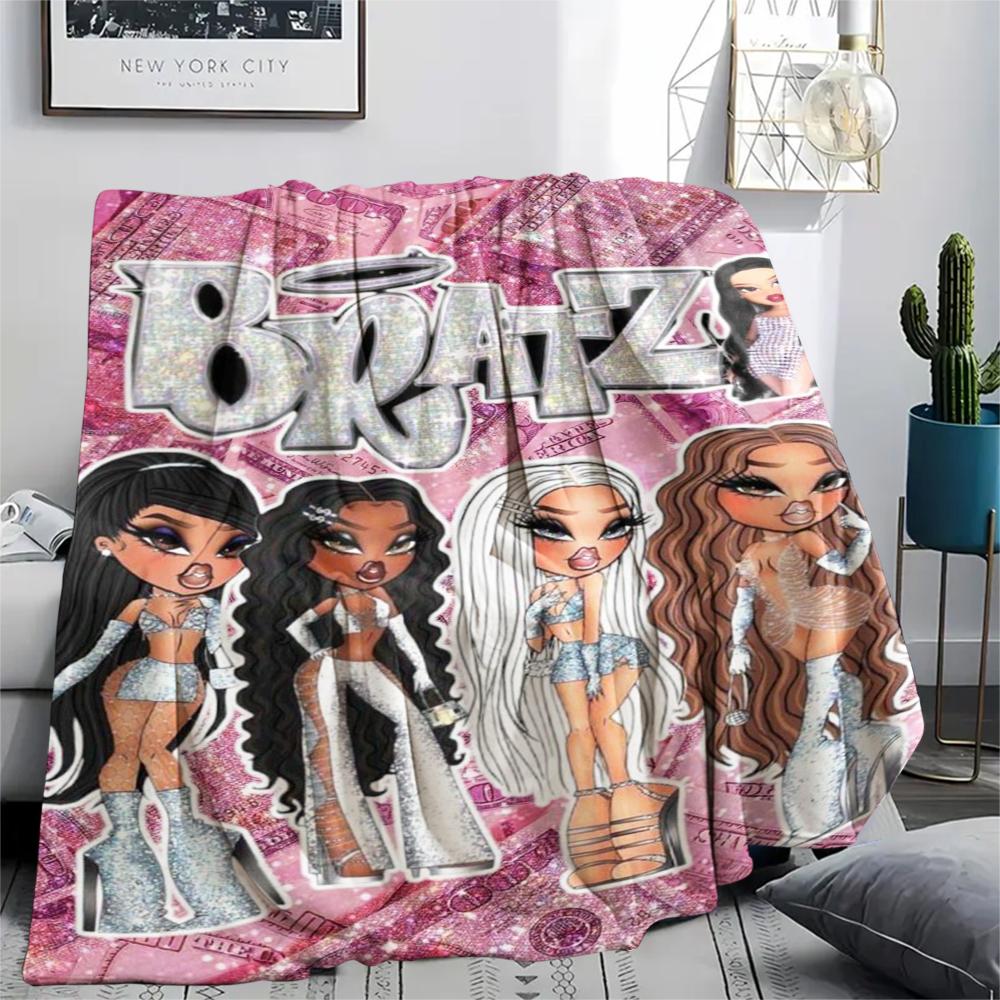 1Pc Bratz Doll Print Flannel Blanket, High quality Comfortable for All Seasons, Home Decor, Warmth and Comfort, Perfect for Gifts
