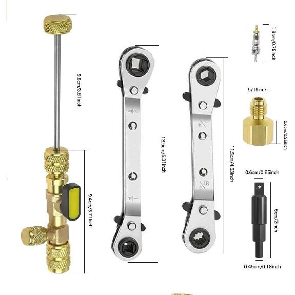 Valve Core Remover Taller Tool & HVAC Service Wrench Set With Hex Bit Adapters, Dual Size SAE 1/4 & 5/16 Port,3/8'' To 1/4'', 5/16'' X 1/4''