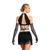 Damen Latin Dance Fransenkleid Cutout Ärmellos Träger Taille Quasten Saum Paillettenkleid mit Langen Handschuhen