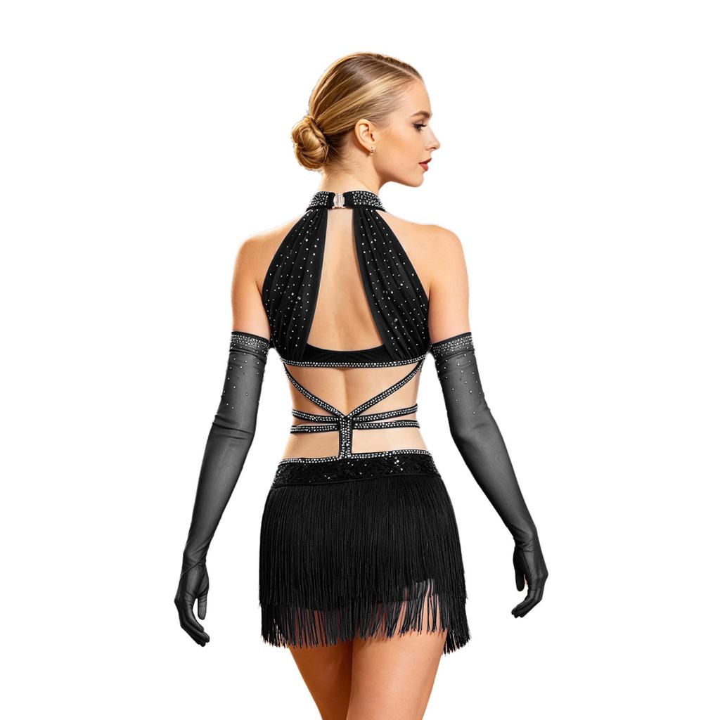 Damen Latin Dance Fransenkleid Cutout Ärmellos Träger Taille Quasten Saum Paillettenkleid mit Langen Handschuhen