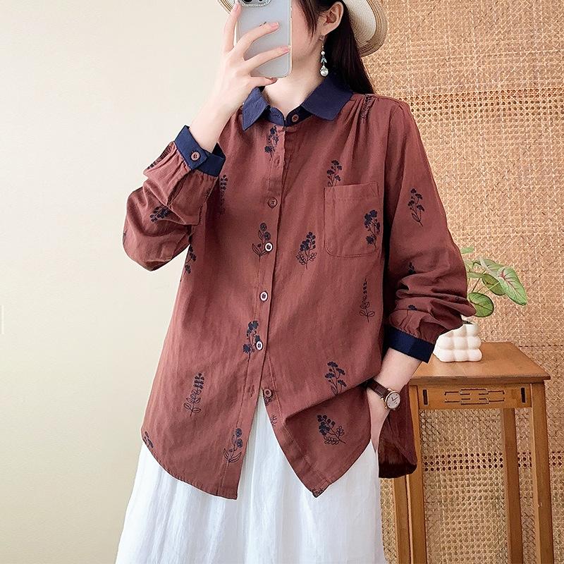 New Japanese simple casual style double-layer cotton yarn pure cotton shirt women's loose and thin retro printed long-sleeved shirt